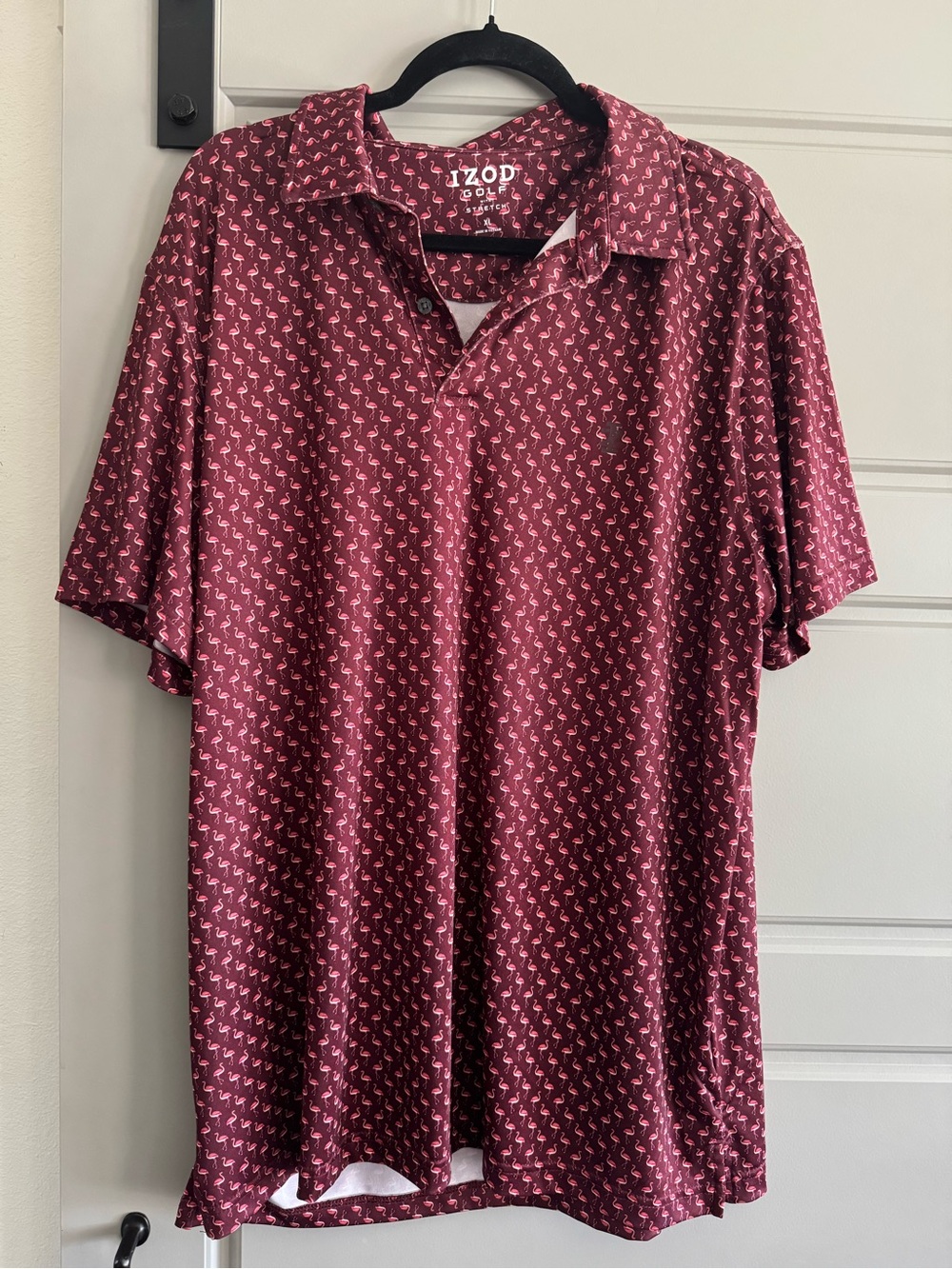 Izod Men's Maroon Golf Polo with Pink Flamingo Motif